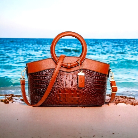 Elegant Dark Honey Brown Crocodile Embossed Handbag Wallet Set - Picture 2 of 5